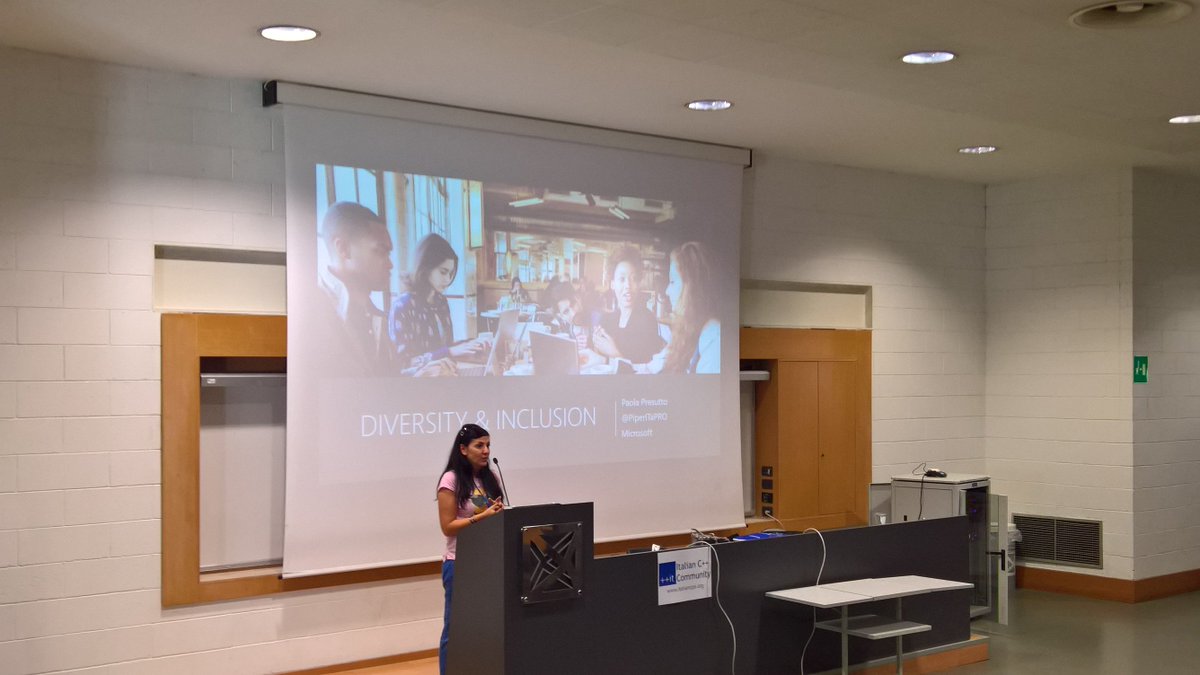 italiancpp's tweet photo. Diversity &amp; Inclusion in Microsoft, per la prima volta ad un evento community, con @piperitapro a #itCppCon17 https://t.co/CYzz7ApDOr