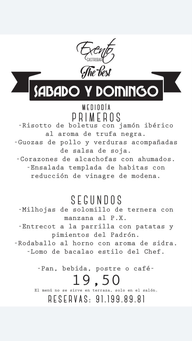 ExentoRestauran's tweet photo. Continuamos con nuestro #menu de #sabado y #domingo, con el aa.aa sin parar #alcorcon #calor #mucho #calor #piscina https://t.co/fxEOklE2TG