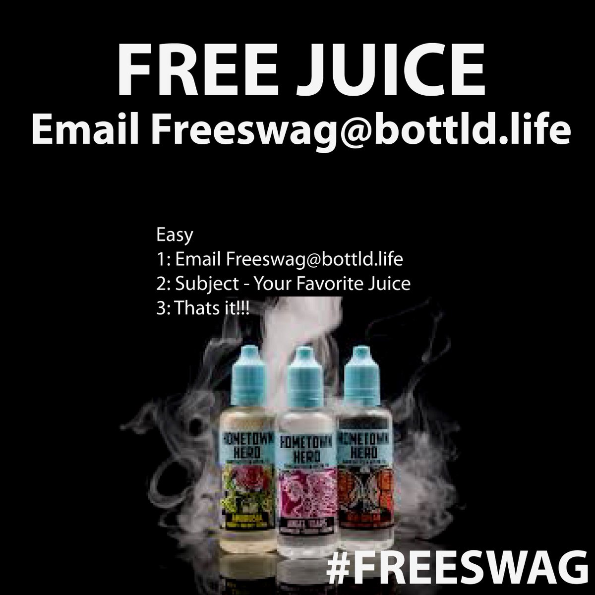 BottldLife's tweet photo. VAPE FOR FREE!!! HUGE JUICE GIVEAWAY!!!

-Like 
-Retweet
-Email - freeswag@bottld.life
-Subject - your favorite e-juice https://t.co/80ZG6sGSy9