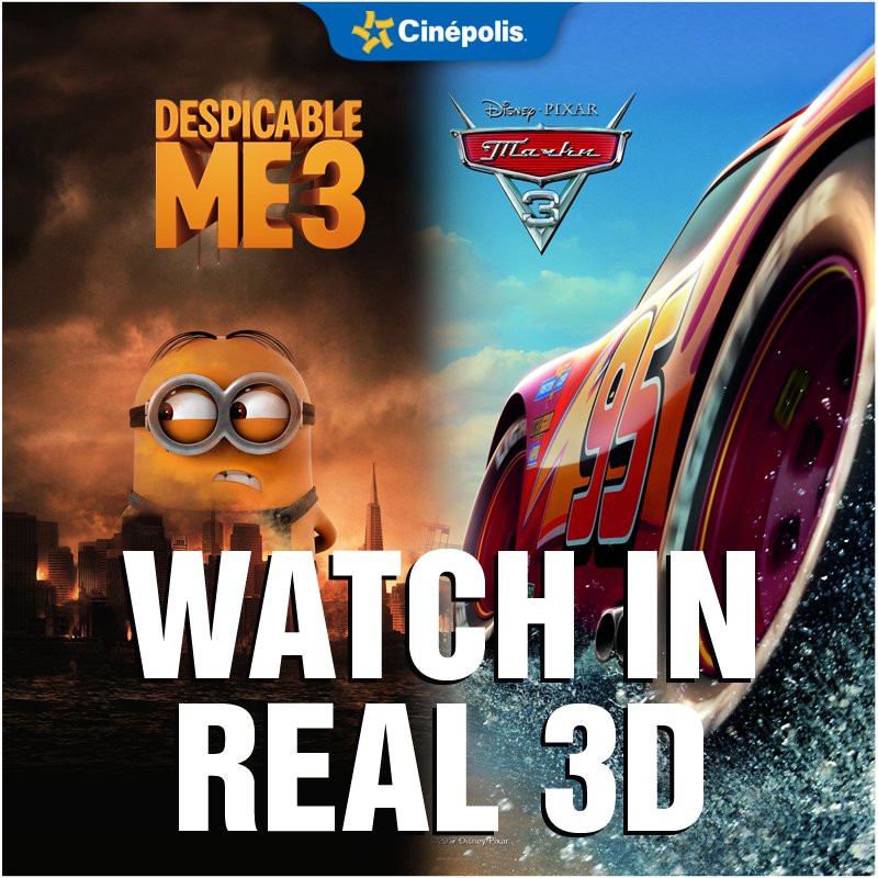 IndiaCinepolis's tweet photo. Watch #Cars3 & #DespicableMe3 in Real 3D only at #CinepolisIndia. #Experience3D #Real3D https://t.co/tvNlH0RNUo