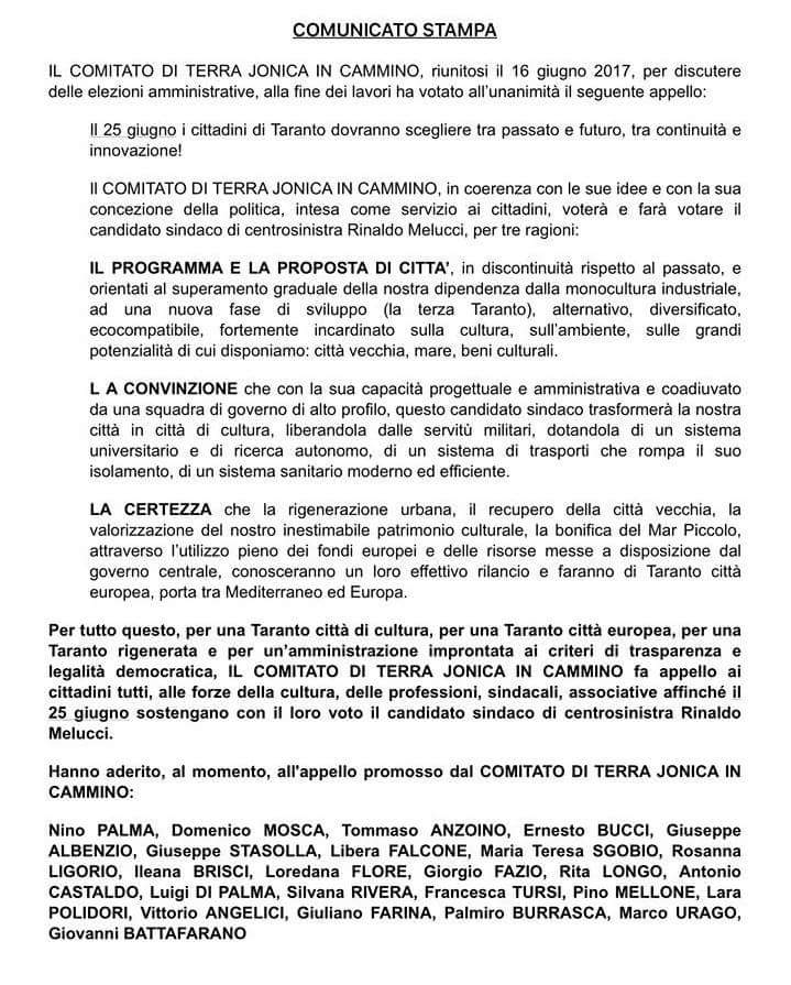 L'appello del Comitato di Terra Jonica #incammino a sostegno del candidato Sindaco di centrosinistra  @RinaldoMelucci