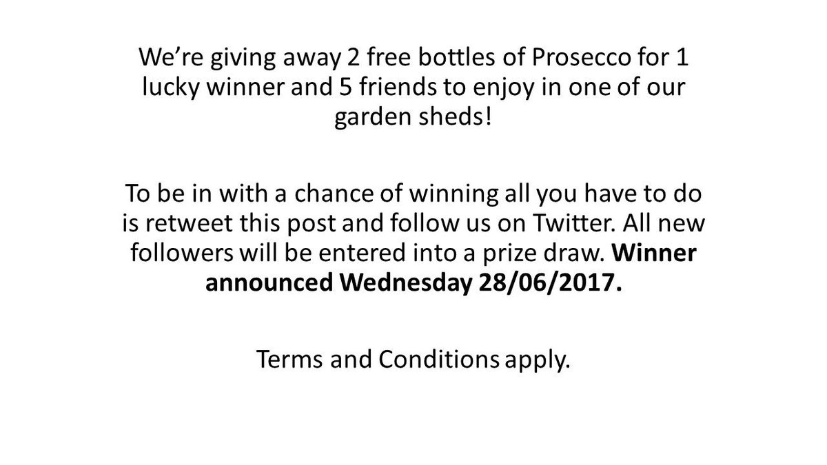 For your chance to win 2 free bottles of Prosecco and a garden shed for 6 people, see details below.
Good Luck Potters! 
#ShedLife #Beverley