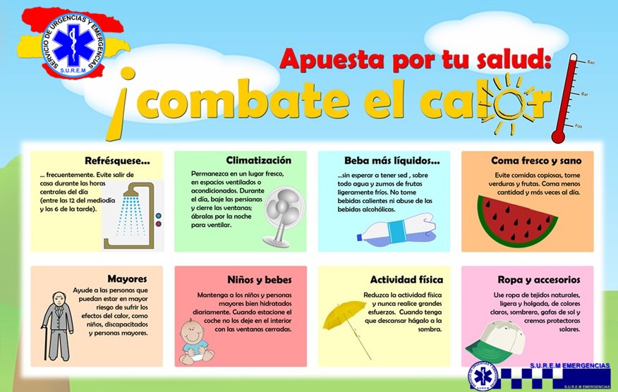 SUREMEmergencia's tweet photo. Si el sábado es acalorado, el domingo es demasiado. Vela por tus mayores y los peques. Échale un ojo a nuestros #Consejos y #RT. #OlaDeCalor https://t.co/Bi19UP7OkQ