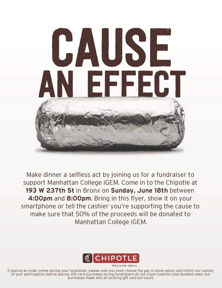 MC iGEM (@mc_igem) on Twitter photo In the Bronx? Come support us! Show the flyer and MC iGEM will receive 50% of the sale. Great food greater cause! <a href="/ManhattanEdu/">Manhattan University</a> <a href="/GoJaspers/">Manhattan Jaspers</a> In the Bronx? Come support us! Show the flyer and MC iGEM will receive 50% of the sale. Great food greater cause! <a href="/ManhattanEdu/">Manhattan University</a> <a href="/GoJaspers/">Manhattan Jaspers</a>