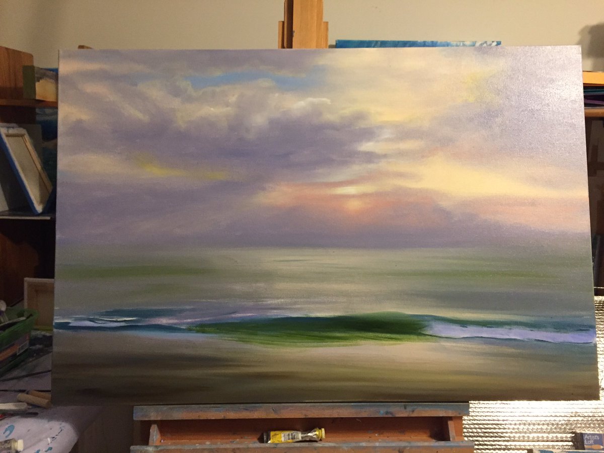 volf_eva's tweet photo. A new large #sunset #painting #inprogress #wip #studiocaptures #BehindtheScenes #instudio #meatwork #art #seascape #coastalliving #landscape https://t.co/Y1GwPqjAVr