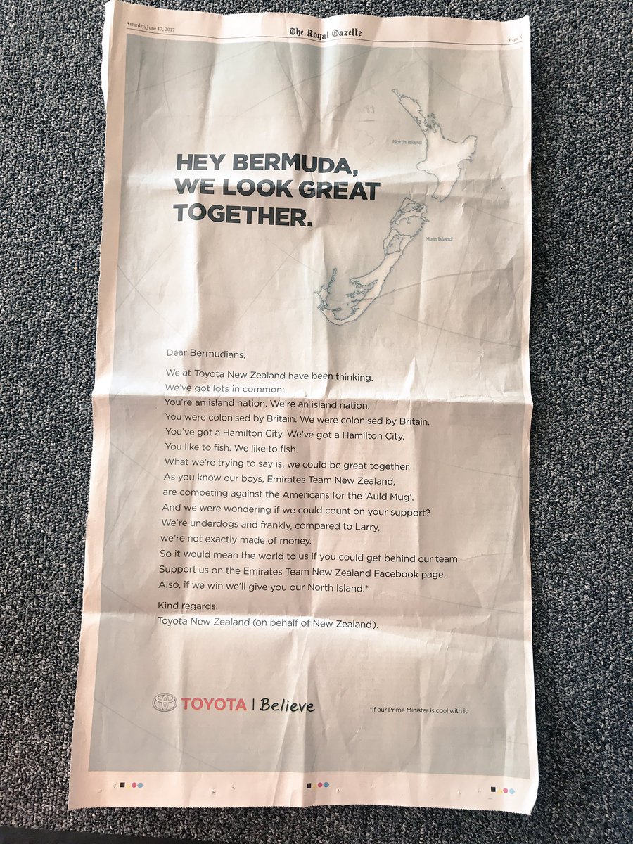 rebeccawright's tweet photo. ETNZ taken a full page ad in local paper, trying to woo the Bermudians support. They've promised them the N Island if we win. #AmericasCup https://t.co/1dyBVOMlHB