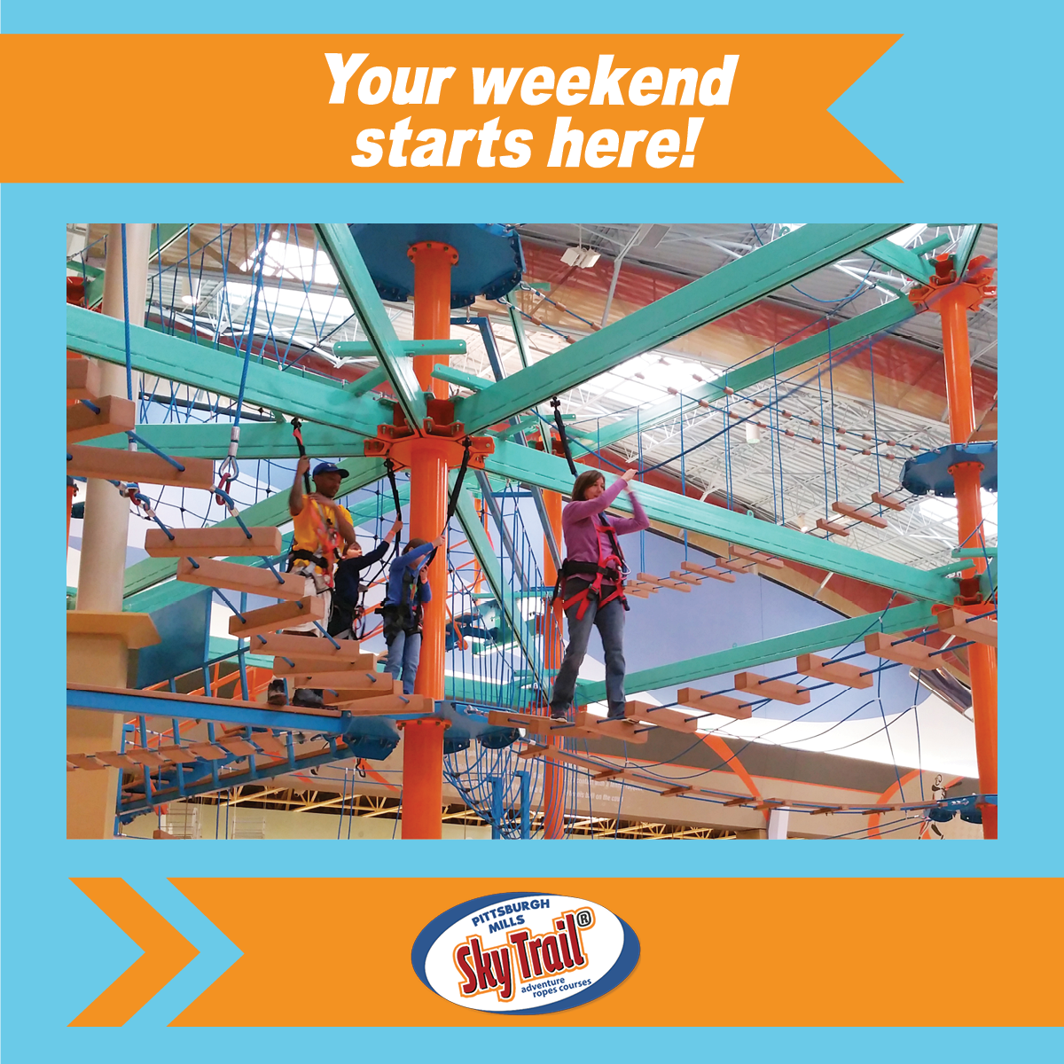 SkyTrailMills's tweet photo. It's the #weekend! Who's in for some fun on the #SkyTrail ropes course? #PittsburghMills #FamilyFun https://t.co/dfW1d3kpEF