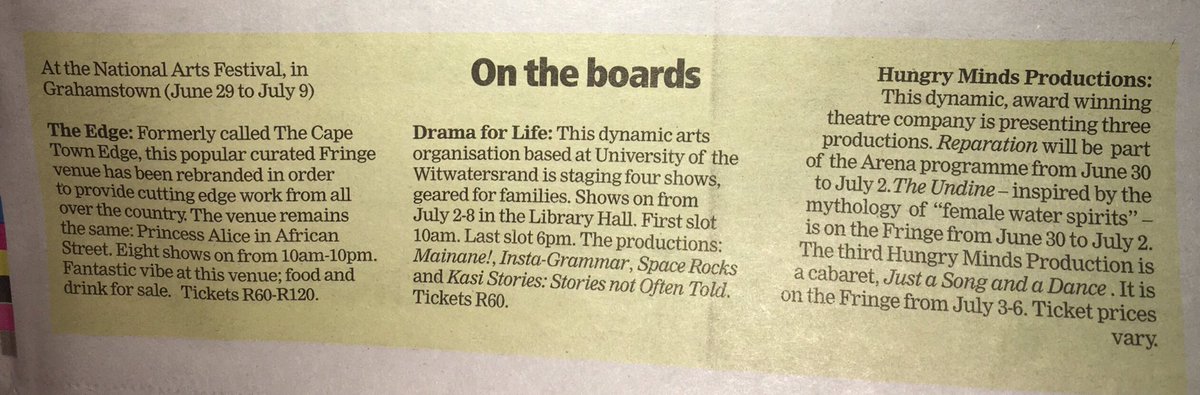 TheCapeRobyn's tweet photo. Hot picks @artsfestival - See On the boards @WeekendArgus - works from @Drama_for_Life, @HungryMindsProd &amp; #TheEdge https://t.co/oybA17ZhYW