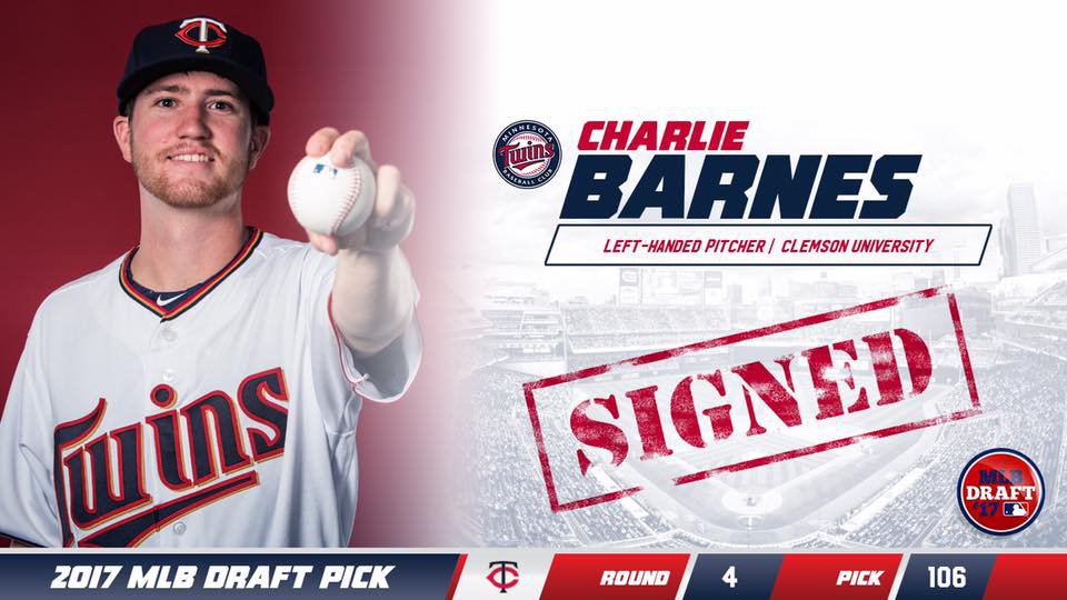 ClemsonBaseball's tweet photo. Congrats to @charliebarnes5 for signing with @Twins! Undrafted in HS to 4th round 3 years later! #ClemsonDevelopment https://t.co/lFfzyRmjvK