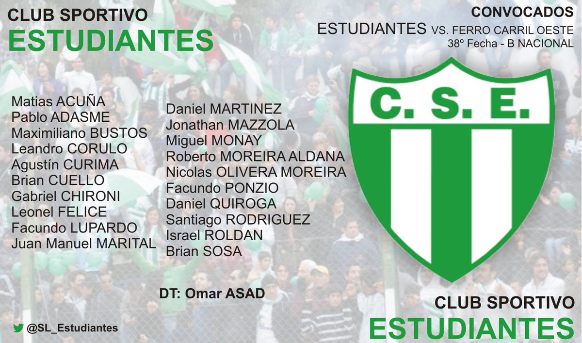 SL_Estudiantes's tweet photo. CONVOCADOS por Omar Asad para el partido ante Ferro Carril Oeste por la 38º Fecha de la #BNacional. #VamosVerdePuntano https://t.co/DSMniXCgsq