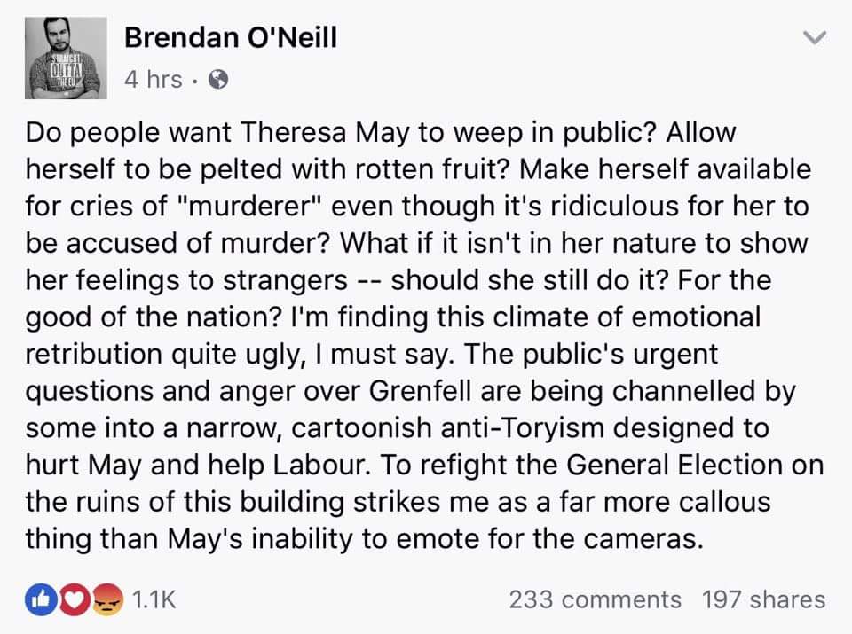 samsonofjohn's tweet photo. I've said not being 'normal' is May's big problem. I still believe that, but this is excellent from Brendan O'Neill. #GrenfellTower https://t.co/UdQBjFzV0A