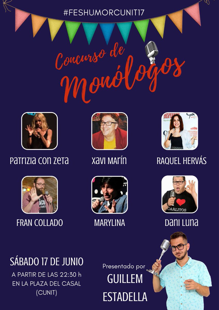 FesHumorCunit's tweet photo. Hoy final del concurso de monólogos del #FesHumorCunit17 presentado por @gestadella y muchas más sorpresas! 😂👏🏼🎤 https://t.co/JhL4M13Syr