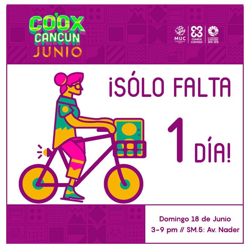 Feliz sáaaaabado. ¡Estamos a 1 día de #CooxCancún! 👫🚲❤️☀🐶🎶🌱 ¿Ya están preparados?
Nos vemos mañana de 3-9pm en Sm.5: Av. Nader #LetsCoox
