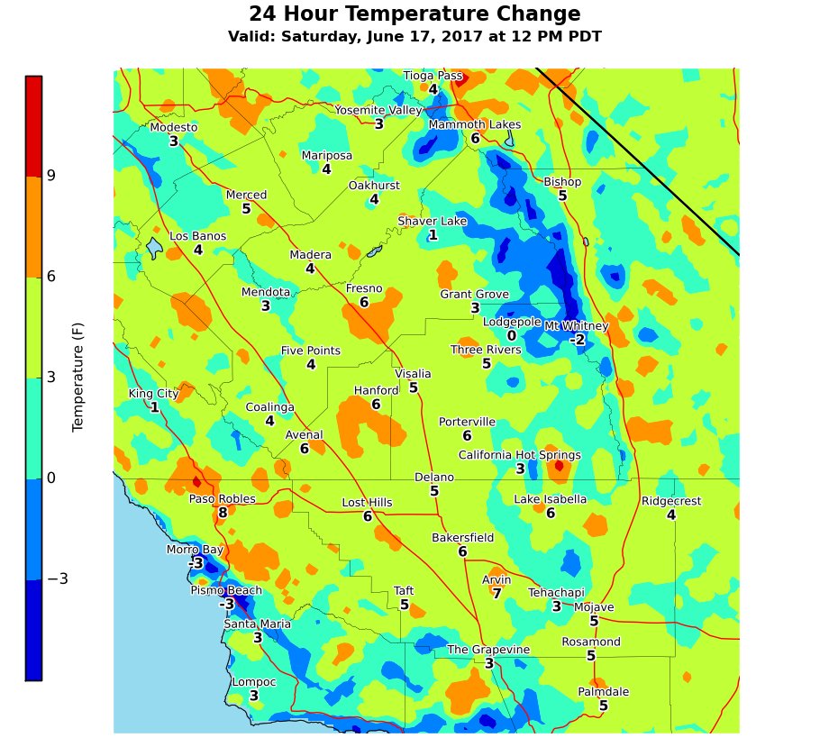 NWSHanford's tweet photo. 24 hr temp trends are generally running up a few to several degrees. The warming trend will continue into early next week. #cawx #heatwave https://t.co/SpEo5qZYvE