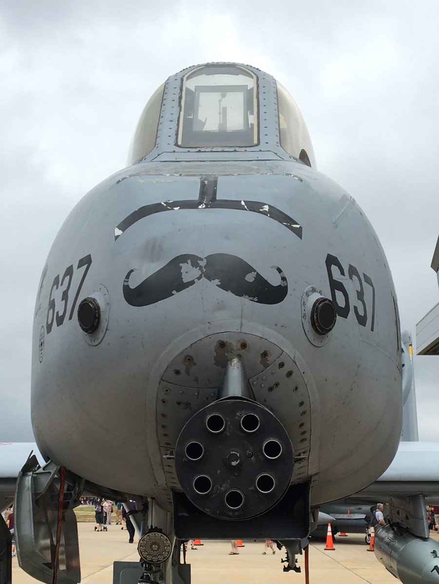 IronCaniac's tweet photo. A mustachioed A-10 flying tank, the @usairforce Drill Team, a transforming V-22, and a B-2 stealth bomber fly-by! All seen at #InFlight17! https://t.co/sw67rhZlkF