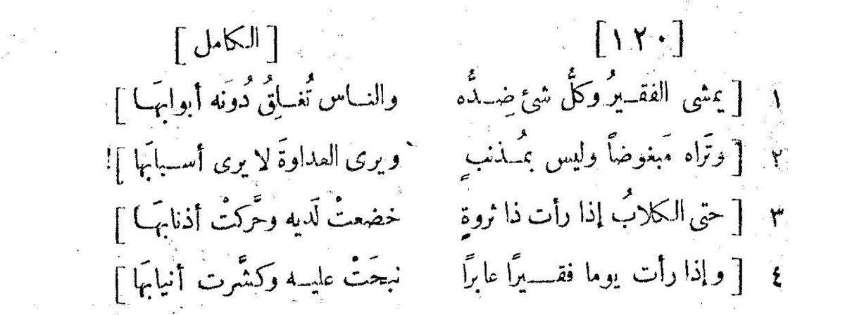 يتبع شعر العباس بن الأحنف الحنفي
..
حتى الكلاب إذا رأت ذا ثروة
خضعت لديه وحركت أذنابها
وإذا رأت يوماً فقيراً عابرا 
نبحت عليه وكشرت أنيابها