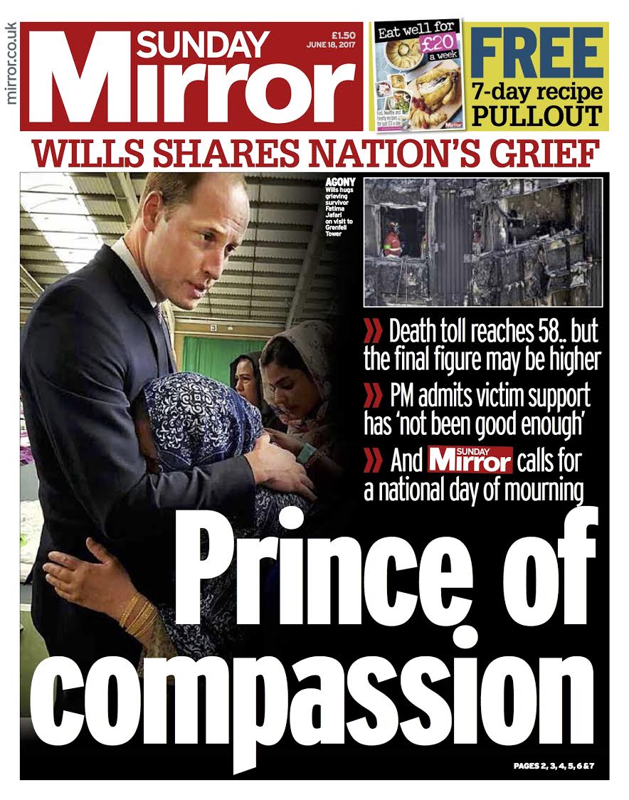 NicholasOwens's tweet photo. Tmww's SundayMirror front: A remarkable picture of Prince William comforting a woman whose husband is feared dead in the #Grenfell tragedy. https://t.co/cKm6MRQKWg