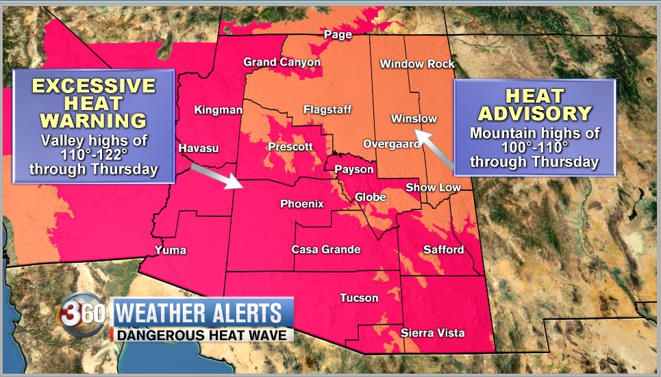 AshleeDeMartino's tweet photo. Every bit of Arizona is either under an Excessive Heat Warning or a Heat Advisory Now-Thursday. #NoJokeHeat #AZHeatWave @azfamily https://t.co/wFv2PRyuux