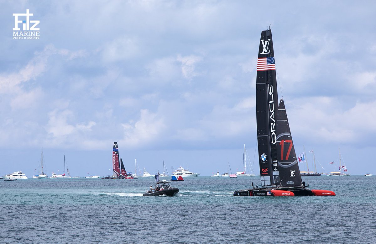 FitzMarine's tweet photo. Team USA and Team New Zealand about to line up before the start of the 35th #AmericasCup earlier today #AmericasCup2017 #Bermuda #Oracle https://t.co/7VOUjrAcJ2