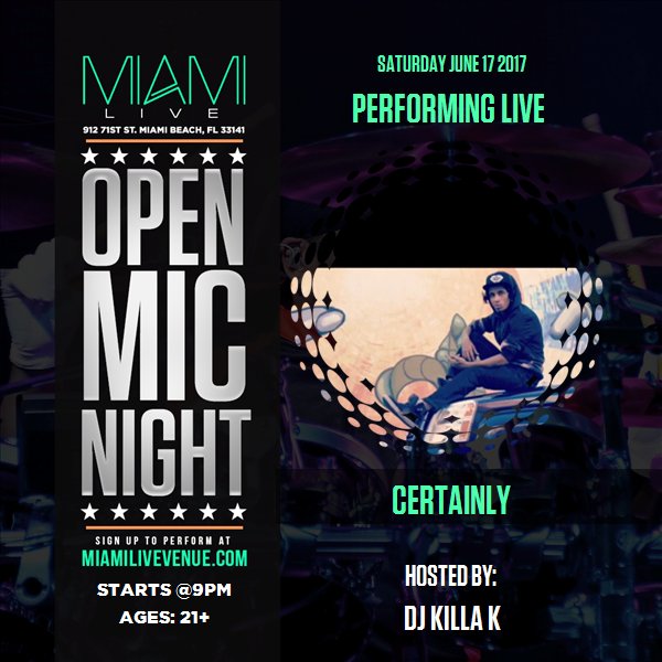 CertainlyR's tweet image. I just arrived at Miami LIVE Open Mic Saturday 6/17/17 - DJ Killa K c2c.fm/My48Sw! Join me! #Coast2Coast