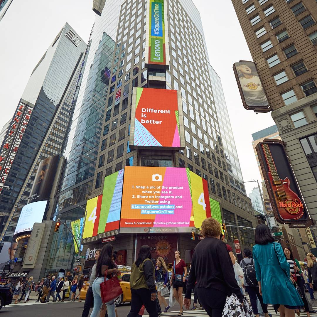 Lenovo's tweet photo. Lenovo takeover! Happening now @ Times Square in New York City. #SquareOnTime #DifferentIsBetter https://t.co/Jj2uDlnOHn