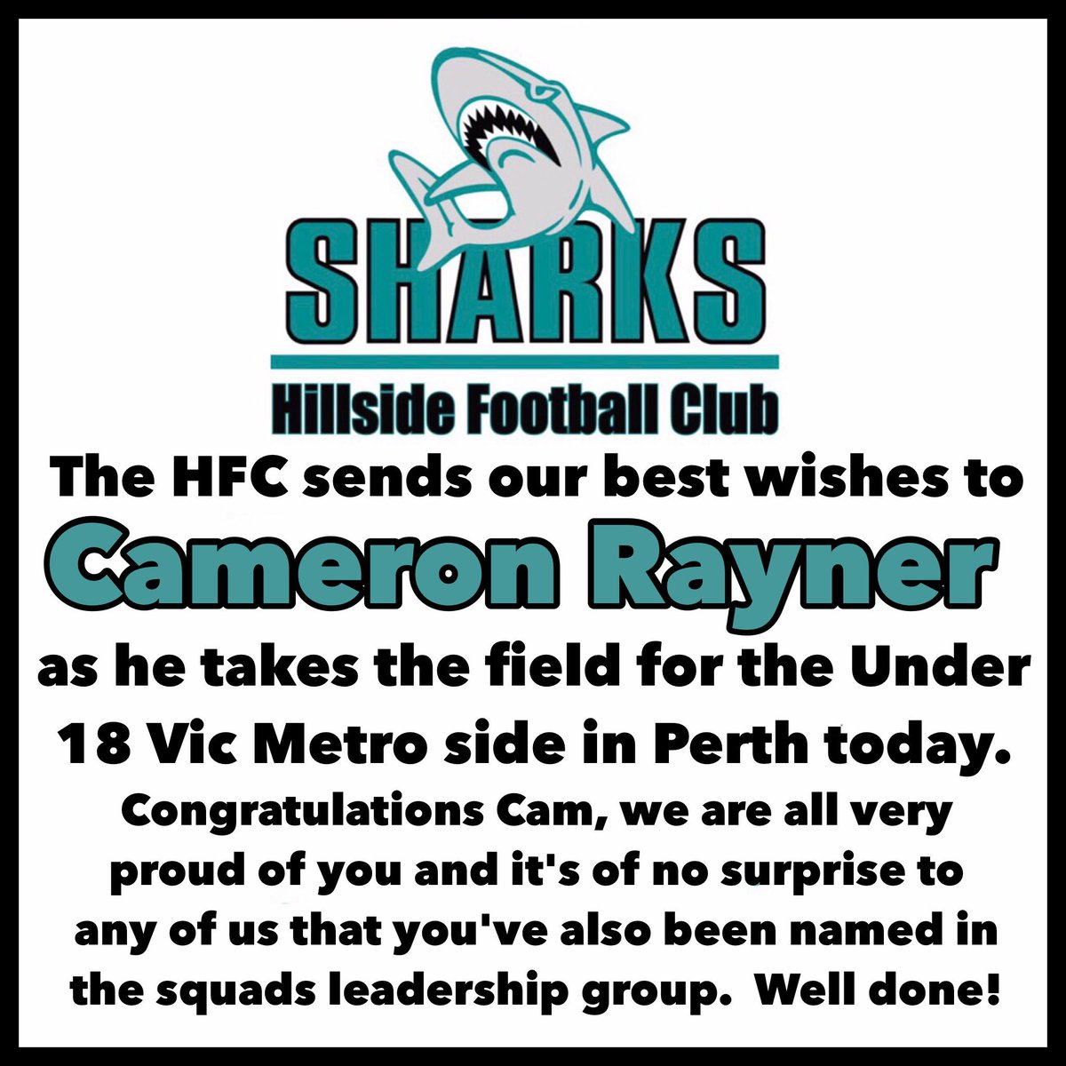 Three cheers for Cameron Rayner who is playing for Vic Metro in Perth today.  Good luck Cam