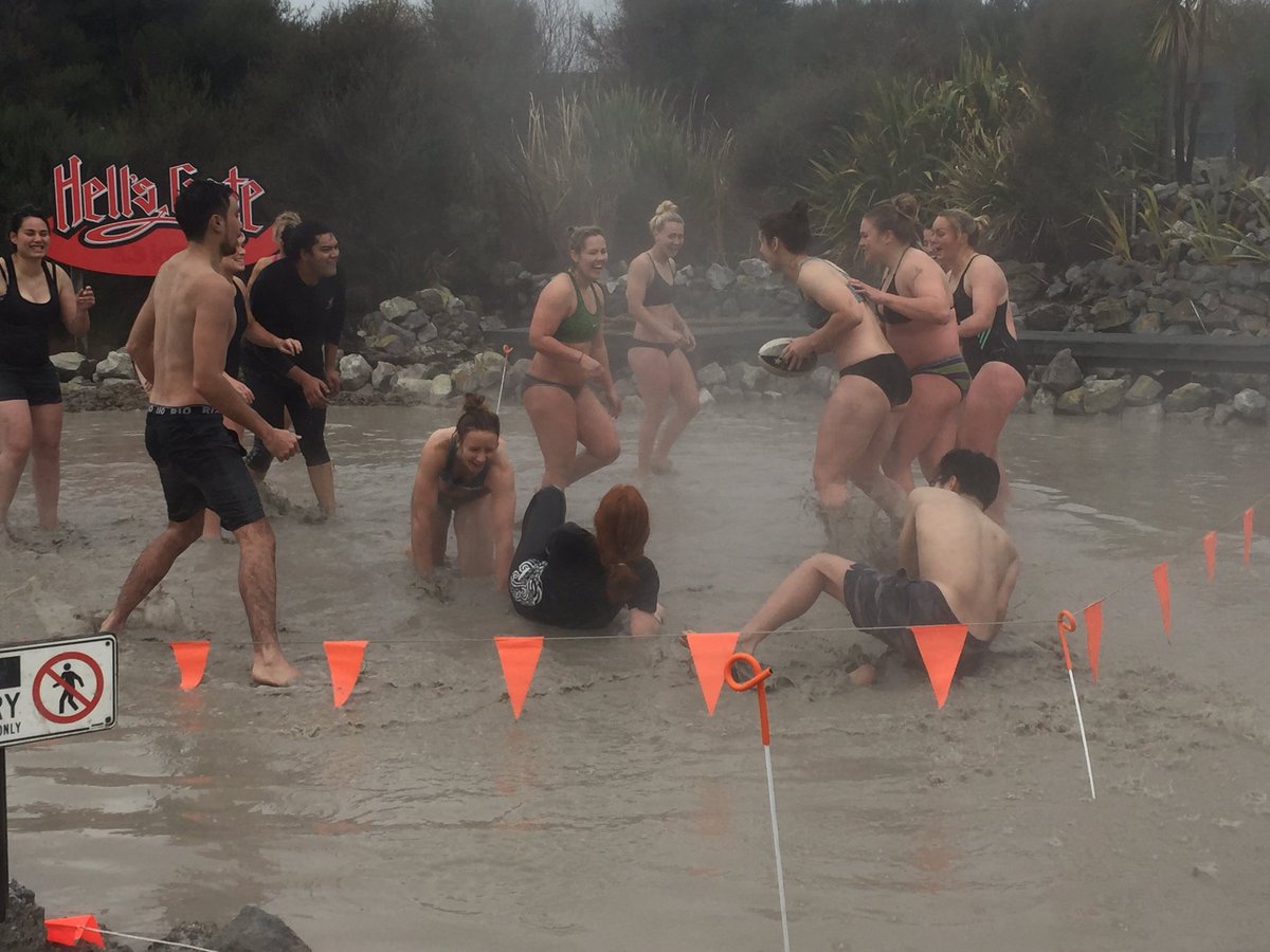 MikeH0llister's tweet photo. .@EnglandRugby 's #RedRoses honing their skills with some Mud Rugby at #HellsGate @MC_kennaS has found her calling... #Roturua #NZ 🇳🇿 https://t.co/p7hNGqvXSy