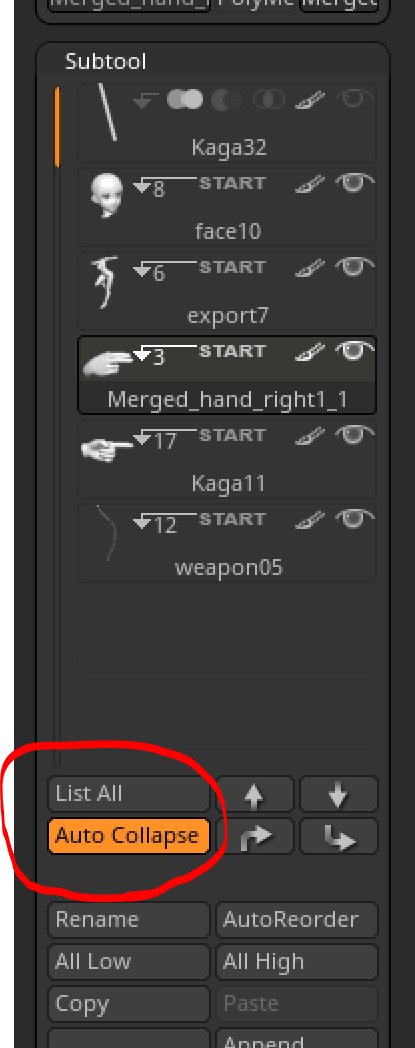 R8のサブツールのグループについて。一個のグループ開くと全部のグループひらいちゃってｺﾚｼﾞｬﾅｲって思ったけどAuto Collapseをオンにすると選択中以外のグループが自動で閉じるようになるっぽい。コレコレ、求めてた感じ。 #zbrush4r8