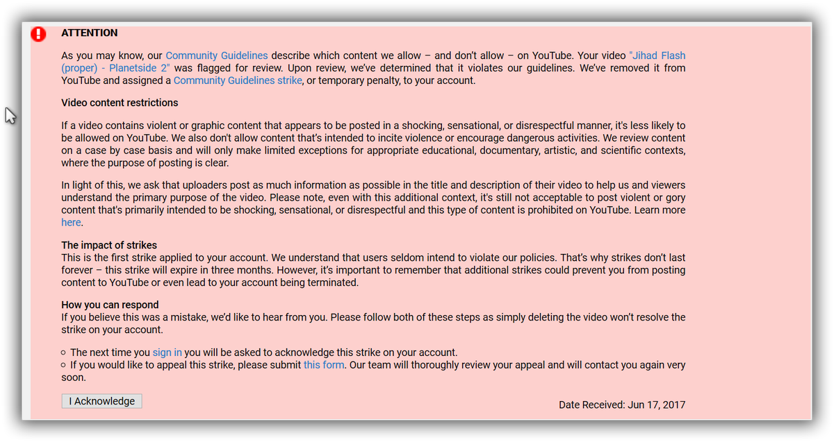 realhej's tweet photo. wow #thoughtpolice #sjw strikes again to remove a 3-yo gaming video. Can't even appeal the form the link is dead. @YouTube rip #JIHADFLASH https://t.co/h3wkIn9pod