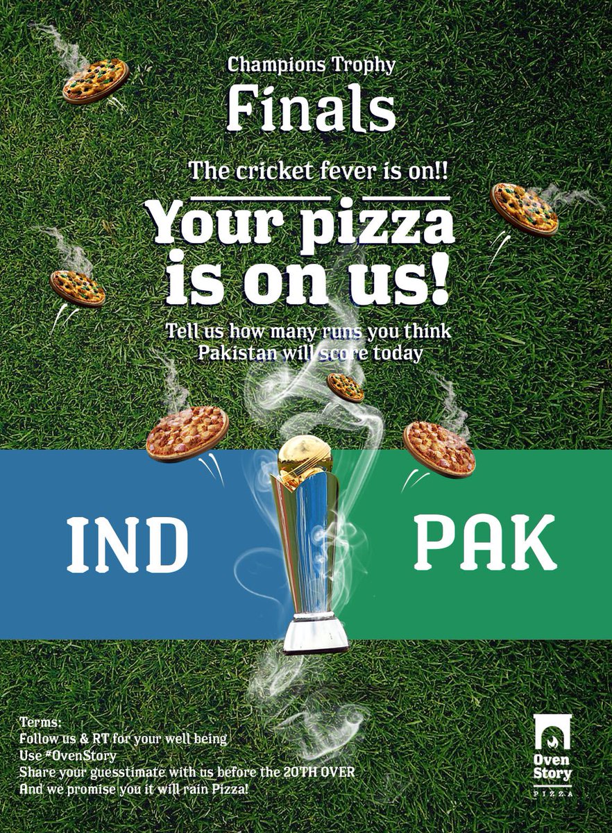 Oven_Story's tweet photo. We're back!!
Tell us how many runs will pak score.
If your guess is accurate, ur #pizza is on us!!
#INDvPAK #ContestofChampions #contests https://t.co/OzKvmogEwx