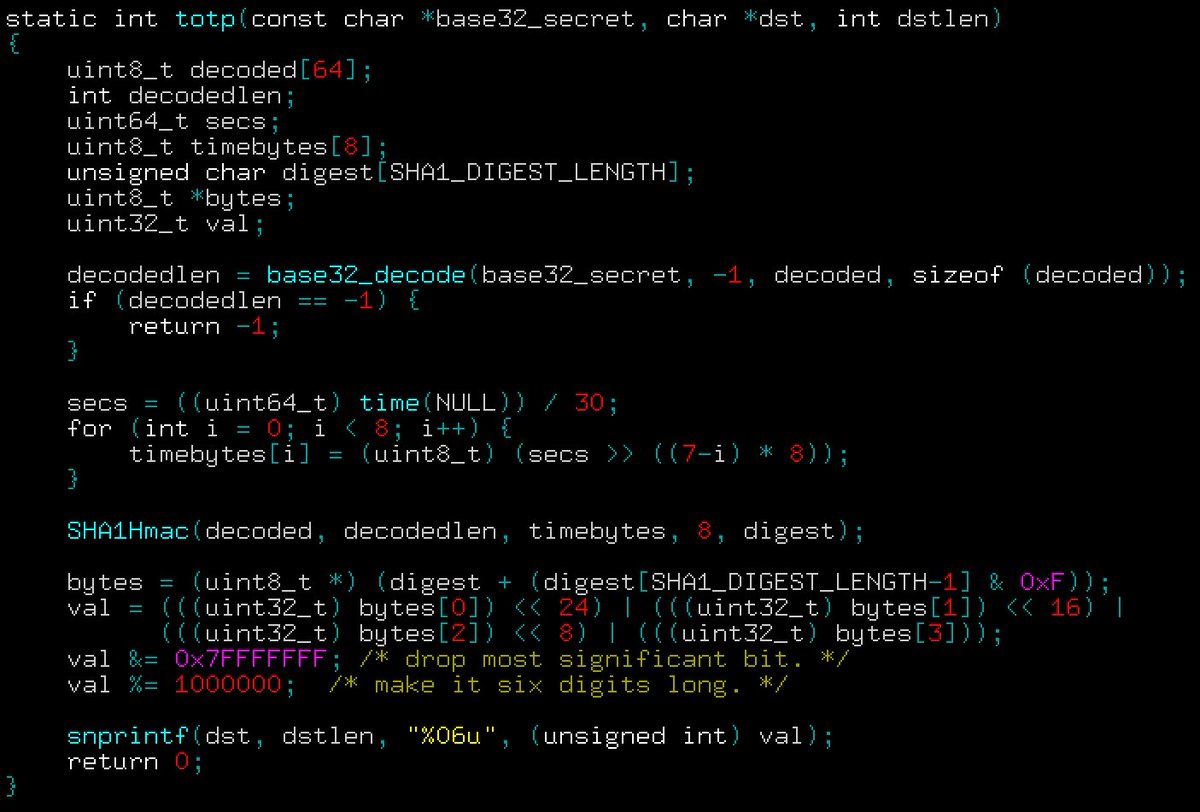 icculus's tweet image. Lots of things you assume are complex aren&apos;t. For example, here&apos;s the entire algorithm to generate Google Authenticator codes.