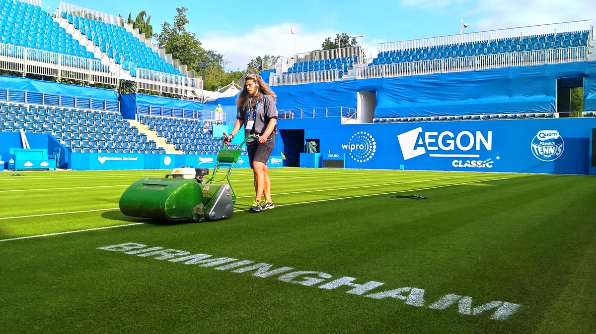 EPCGroundsteam's tweet photo. Centre Court is being mown by Sue Lawrence this week for the #AegonClassic proving female participation extends beyond playing! #ThisGirlCan https://t.co/EDaymVUCFF
