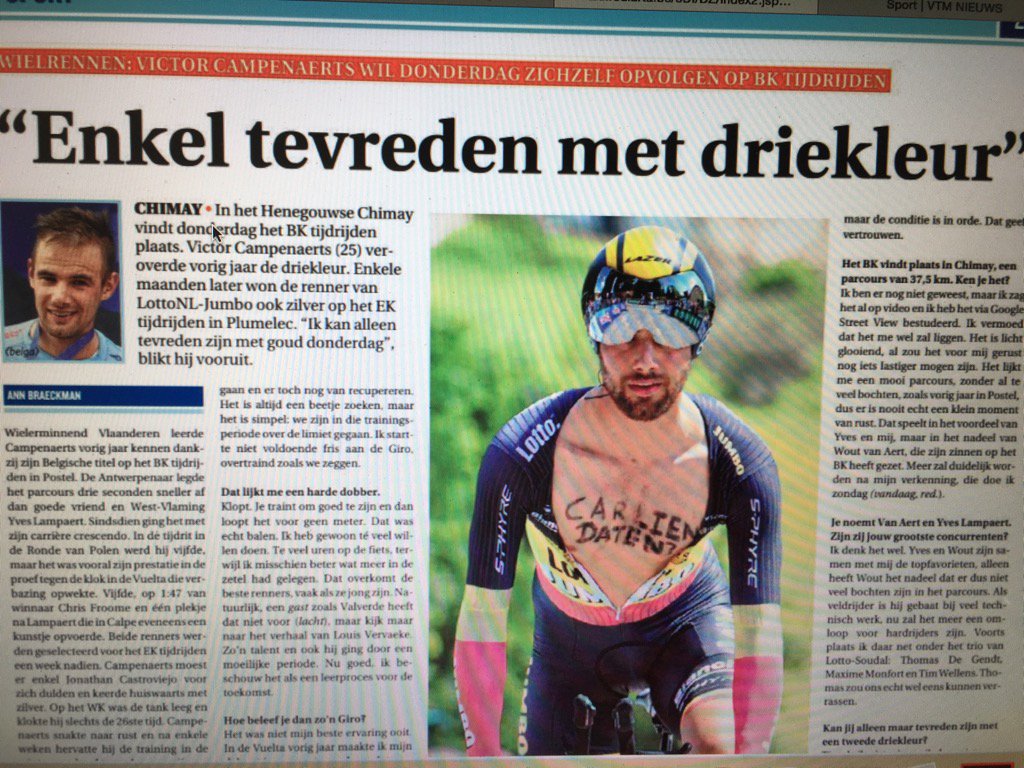 BraeckmanAnn's tweet photo. Een terug- en vooruitblik met @VCampenaerts van @LottoJumbo_road in @DeZondag #mercivictor https://t.co/e5c33havic