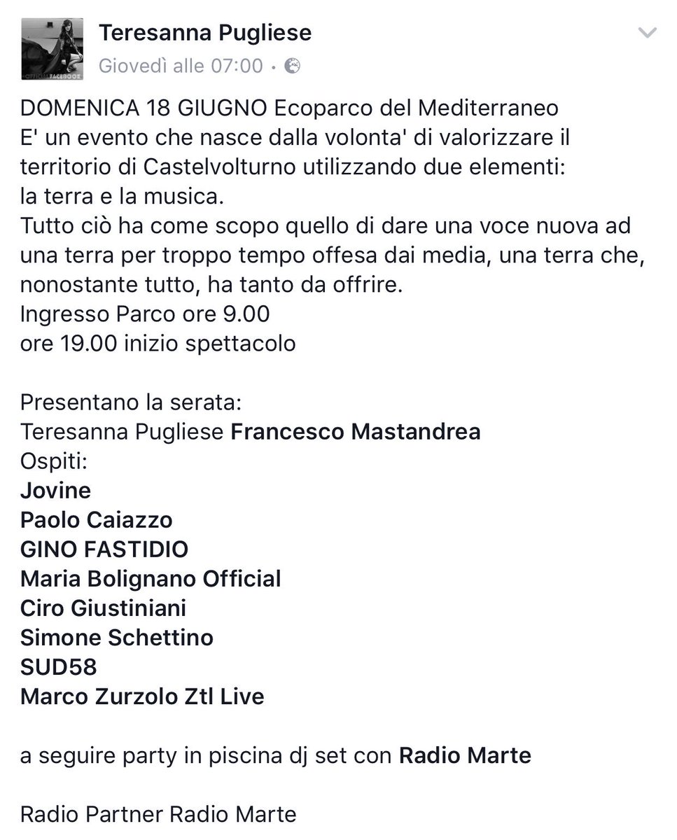 teresannareal's tweet photo. Ecoparco del Mediterraneo🌱🌳
#NNL
Vi aspetto #OGGI per condividere insieme una serata speciale!
•Via Fiumitello II, Località Mezzagni 81030 https://t.co/AKpKnicEho