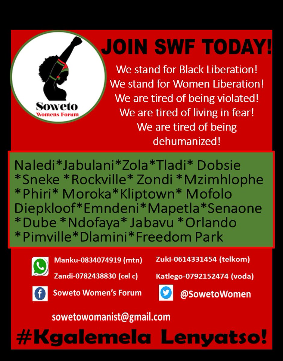 SowetoWomen's tweet photo. Black Sisters getting organised. One Kasi at a time! Please share across ur networks! @simamkeleD @AmandlaMobi
#JoinSWF
#KgalemelaLenyatso! https://t.co/GsBXxXaiLW