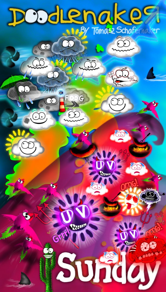 Schafernaker's tweet photo. #Doodlenaker: Pink parrots r riding a wave of heat on this #Sunday. Beware of the devil UV Sun & hot sausages! Zizzle up north. #Heatwave https://t.co/pocKnE04Op