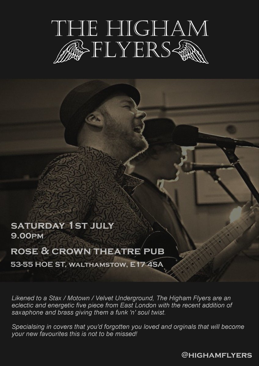 We play @roseandcrownpub on Saturday 1st July. We've got 2hrs worth of rock, blues, funk, soul 🎤🎸🎷🎺🥁 ready for take off. #e17 #free #gigs