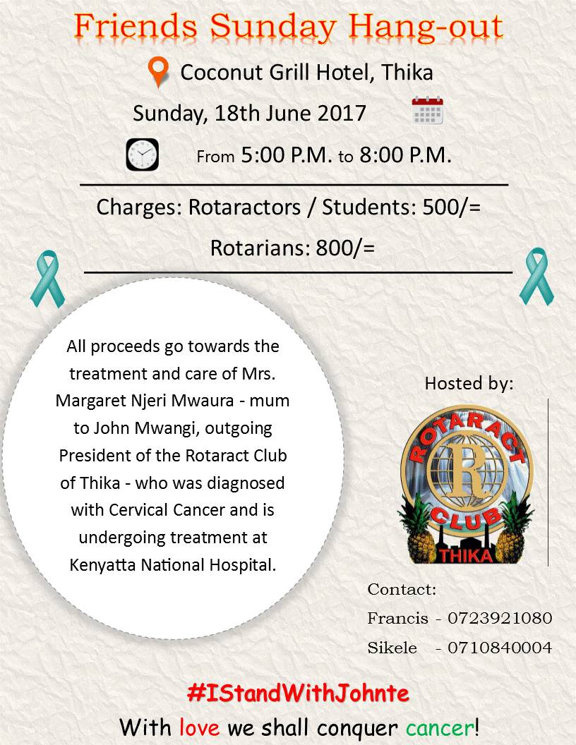rotaractthika's tweet image. Friends Sunday hang out it here, see you at 5pm. Coconut grill hotel Thika 
#IStandWithJonhte
#Withloveweshallconquercancer
#rotaractfamily