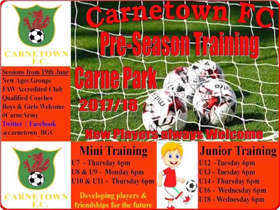 Mini &amp; Junior summer training returns this week as players step up to new age groups.

New players are always welcome.
#CarneArmy #OneClub