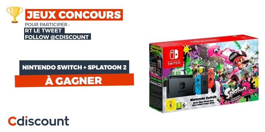 Cdiscount's tweet image. 🎁 #Concours #FeteDesPeres

 🎮 #NintendoSwitch + #Splatoon2 ➔ bit.ly/2ruW4y3

⚠️ Pour participer :
RT + Follow @Cdiscount

TAS 05/07