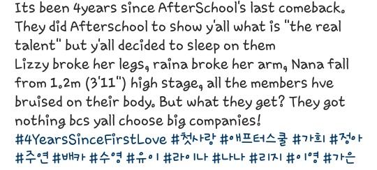 inanabelle's tweet photo. This.. After School show you all what is 'the real talent' but what they get? NOTHING. π’
#4yearsSinceFirstLove https://t.co/ygHStmZ7OZ