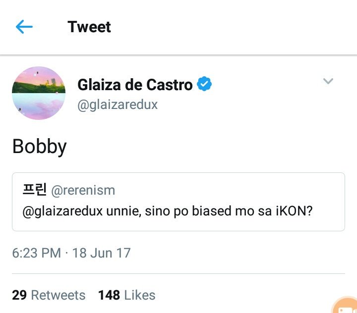 iKONPhilippines's tweet photo. [UPDATE] Glaiza de Castro-- famous actress from the Philippines bias in iKON is Bobby 😍

Trans:

"Eonnie who's your bias in iKON"
"BOBBY" https://t.co/zyc40gjKXe