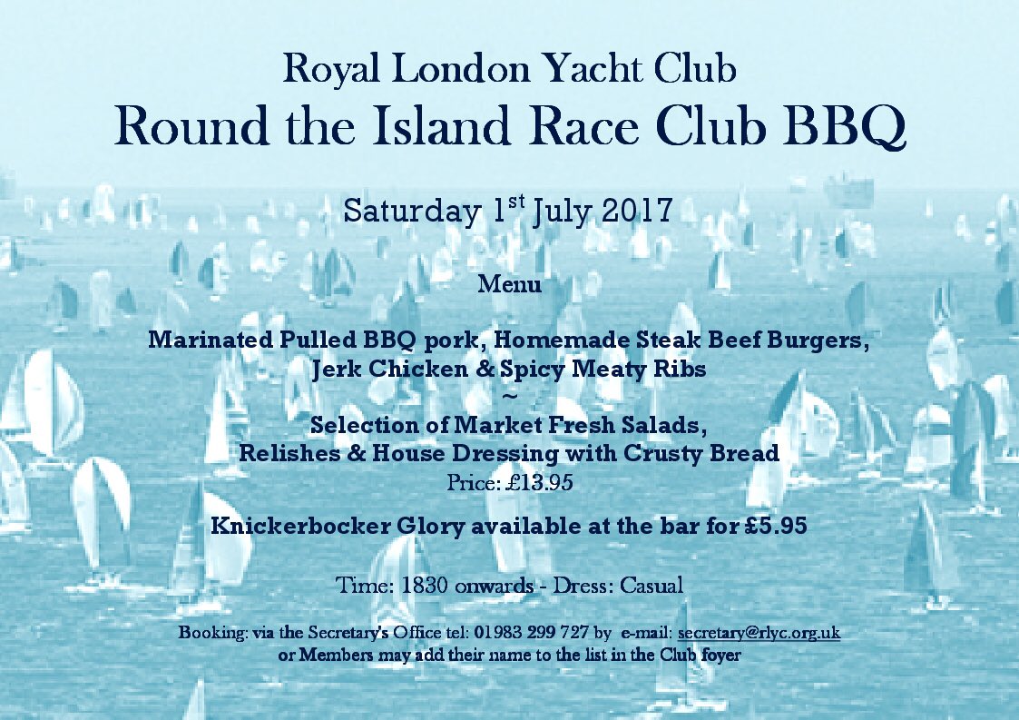 Join us for the <a href="/RoundtheIsland/">Round the Island Race</a> Yacht Race on Sat 1st July. We will be having a BBQ starting at 1830. Full details 👇🏼🍔