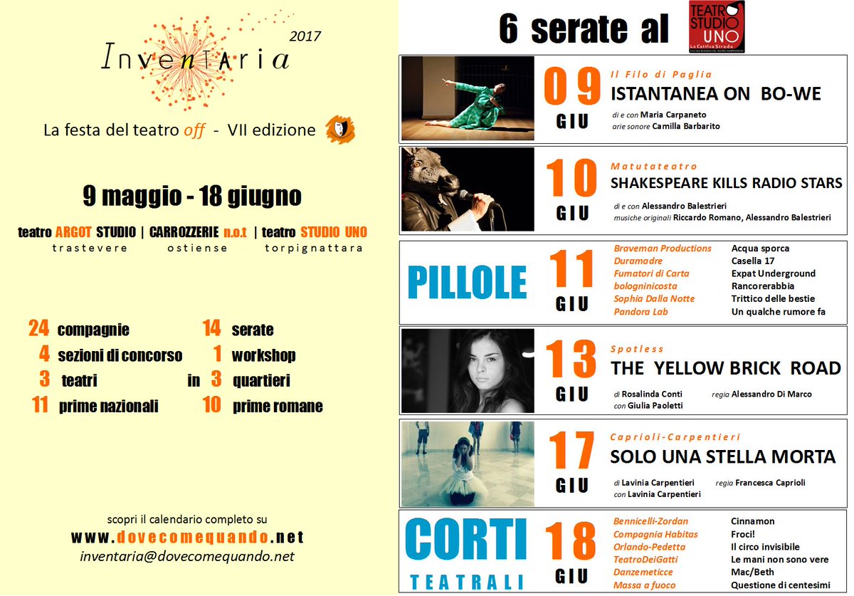 dovecomequando's tweet photo. #INVENTARIA #FESTIVAL STASERA #ilfinale h21 @teatrostudiouno @CORTI TEATRALE 6 compagnie #lavoro #amore #tradizione h24.30 #PREMIAZIONI https://t.co/DsPdP7yqlT