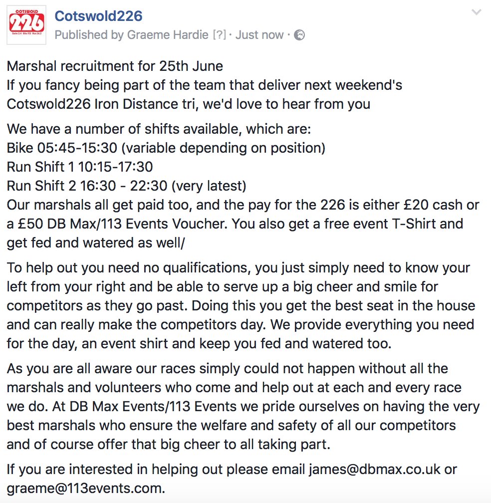 We're looking for marshals for next weekend if you fancy being part of a great team