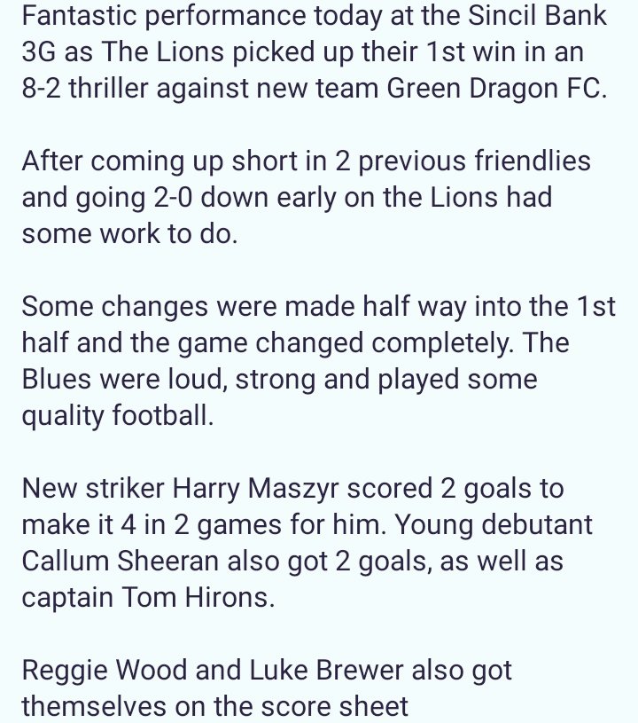 Fantastic performance today great to get our 1st win. Well done to The Green Dragon too who played their fiirst game today. #COYL