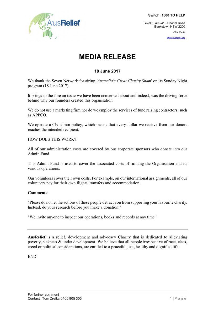 aus_relief's tweet image. Media Release - 18 June 2017
#sundaynight #charityscam #sevennetwork #0%admin