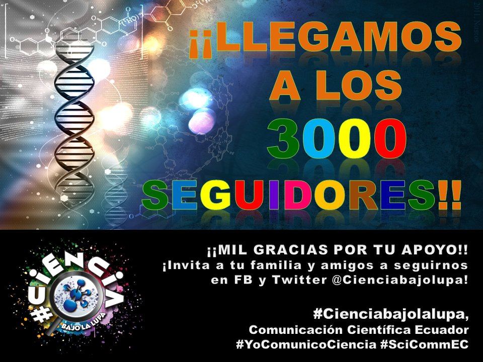 Cienciabajolupa's tweet photo. ¡¡Llegamos a la #Meta3000: 3000 seguidores en FB (https://t.co/zZhJbWfhCK)!! :D ¡Síguenos en FB y Twitter! :)
#YoComunicoCiencia #SciCommEC https://t.co/CVrOGYYzJB