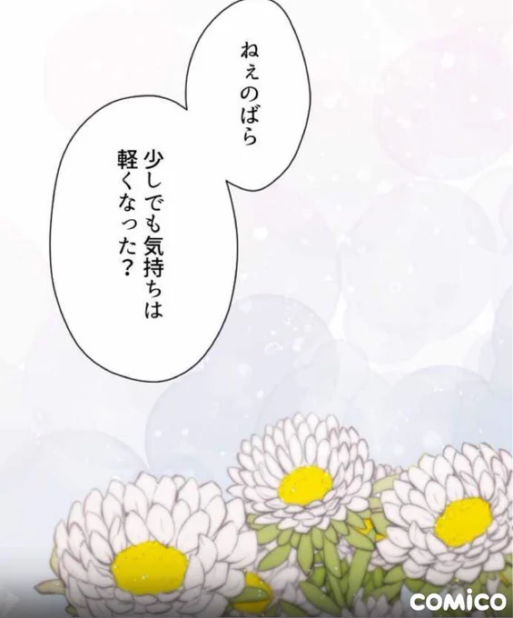 49話に出てくるこの花は8月29日の誕生花のひとつであるアスター(エゾギク)です花言葉は諸説あるのですが、アスター:「追憶」「同感」白のアスター:「私を信じてください」が好きです 