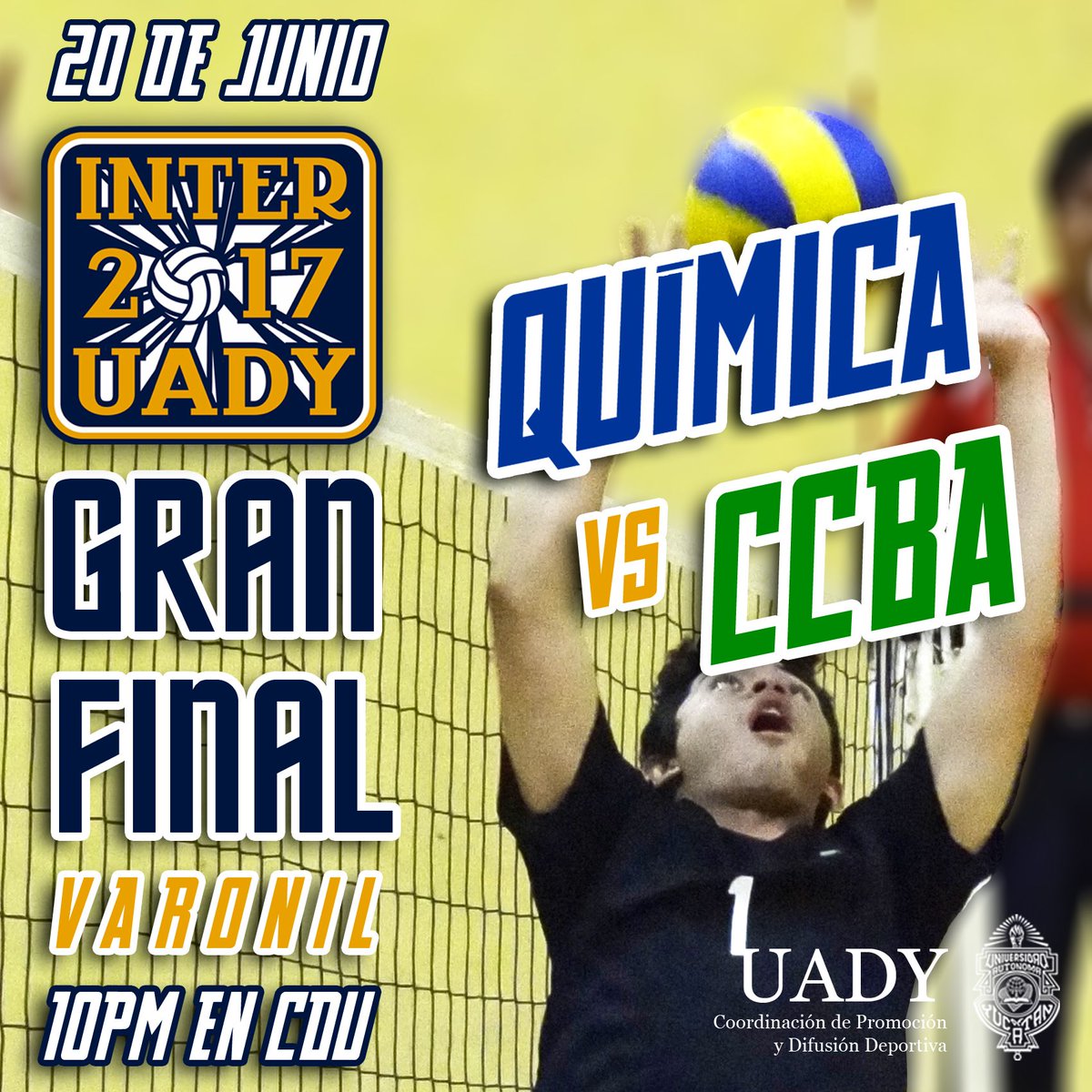 UADYvoleibol's tweet photo. Asiste a la #GranFinal entre el CCBA y la facultad de Química que pelearán por el título #InterUADY este martes en el CDU @Universo_Dep https://t.co/Mov59XdqyV